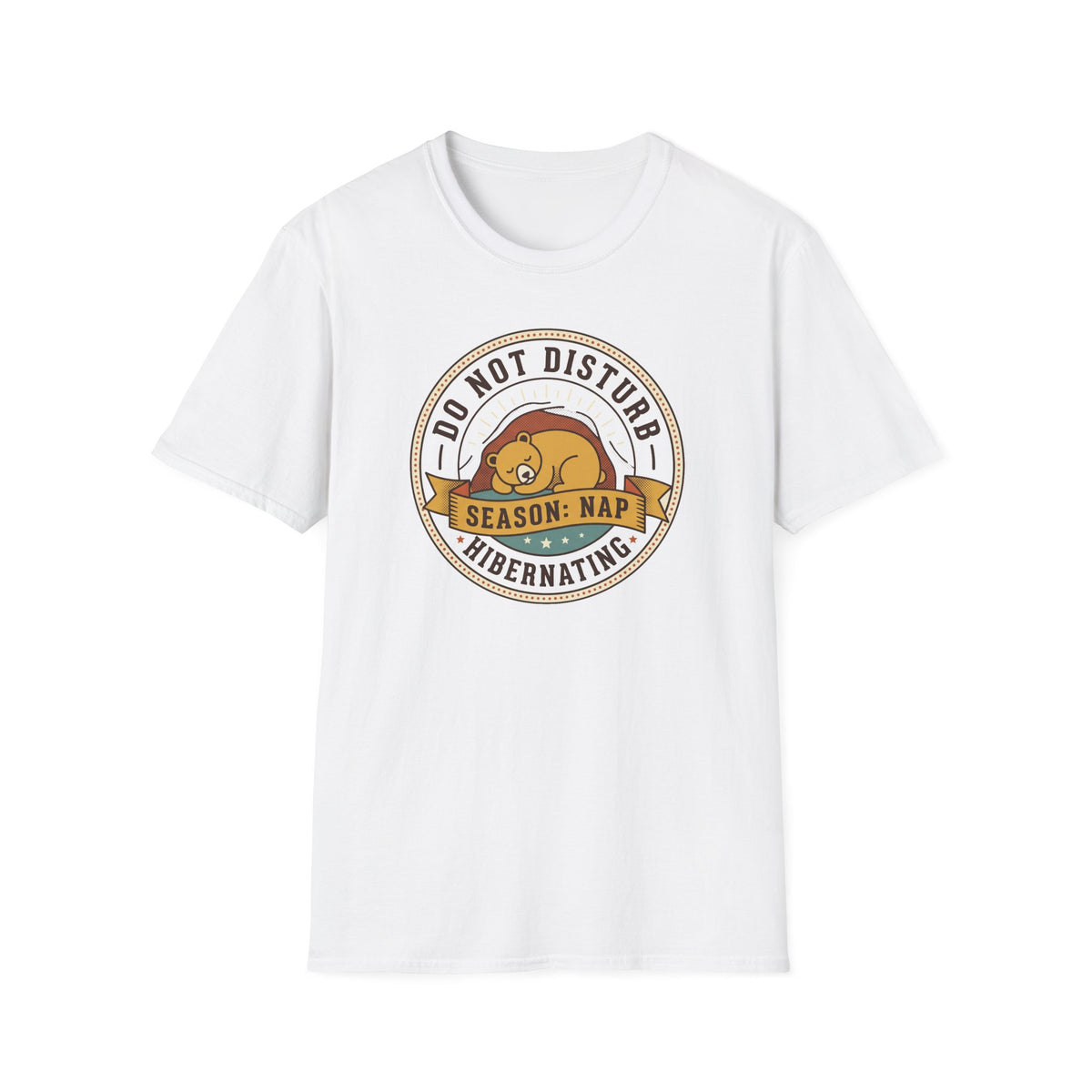 White crewneck T-shirt with "Do Not Disturb" bear "Season: Nap" graphic