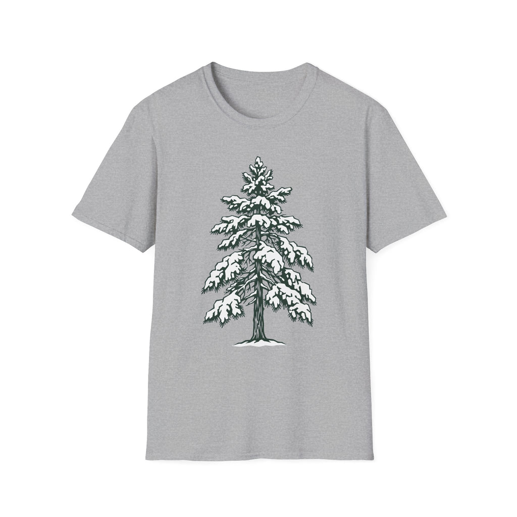 Snowy pine tree graphic T-shirt in heather gray