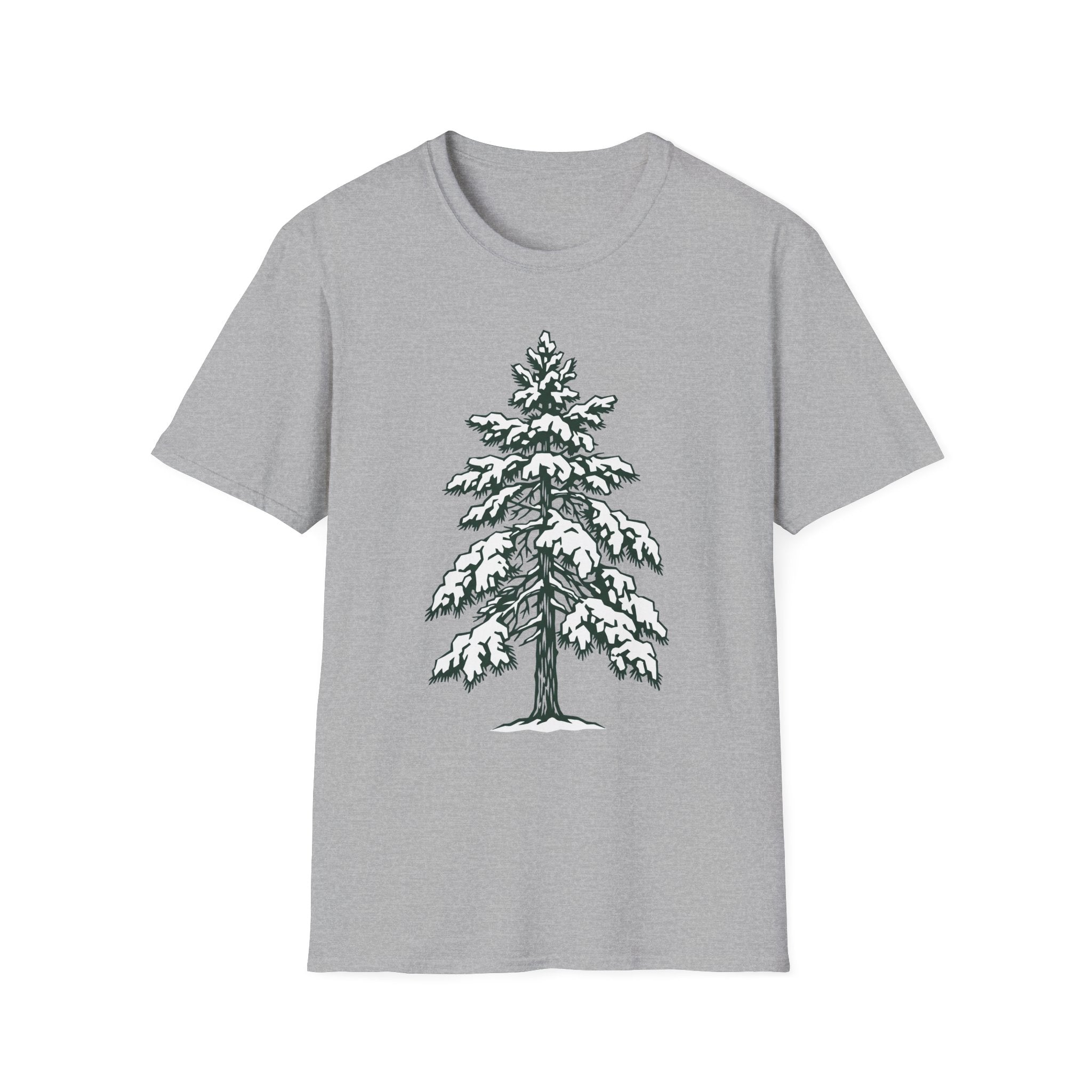 Snowy pine tree graphic T-shirt in heather gray