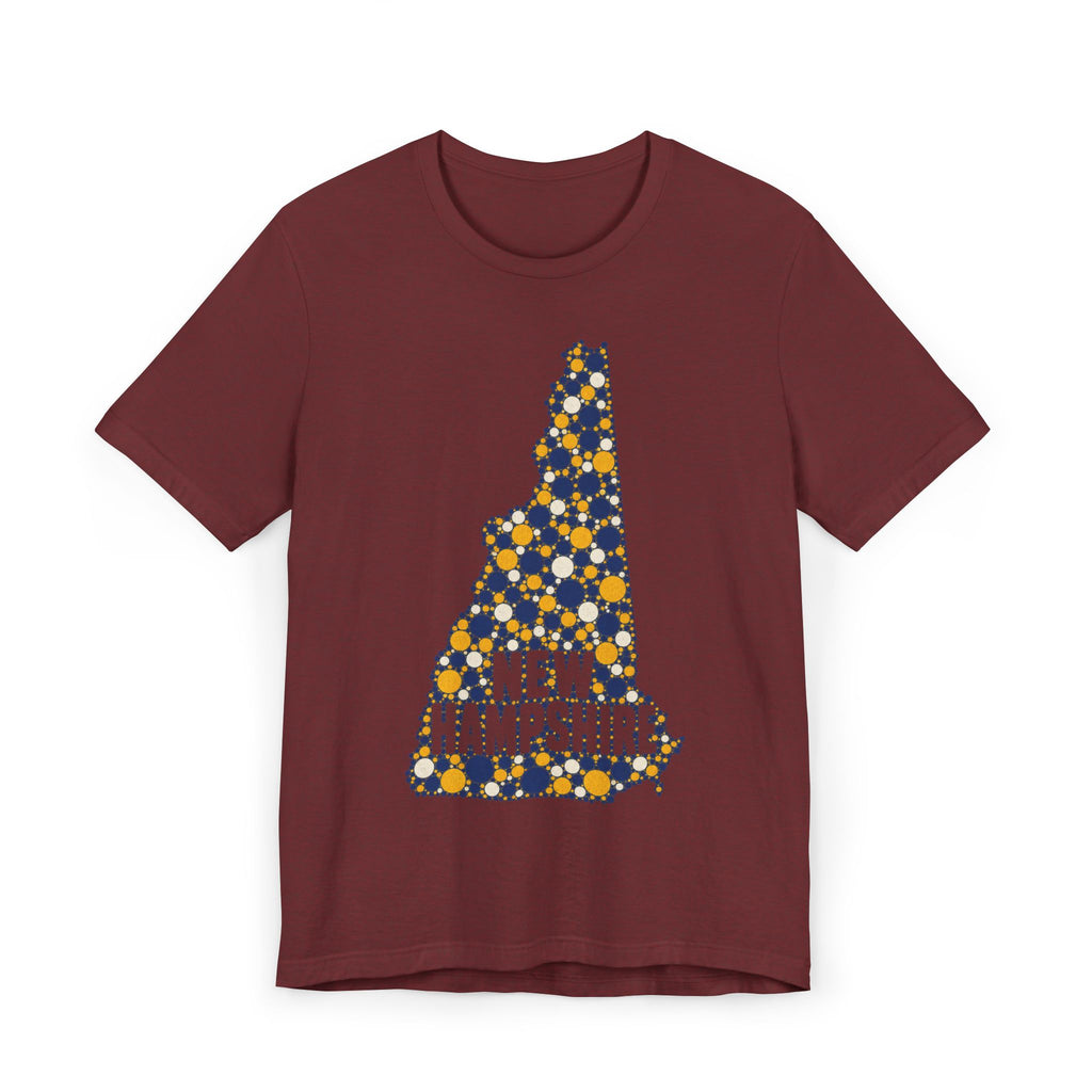 Dark brown crew-neck T-shirt with floral New Hampshire map graphic and “NEW HAMPSHIRE” text