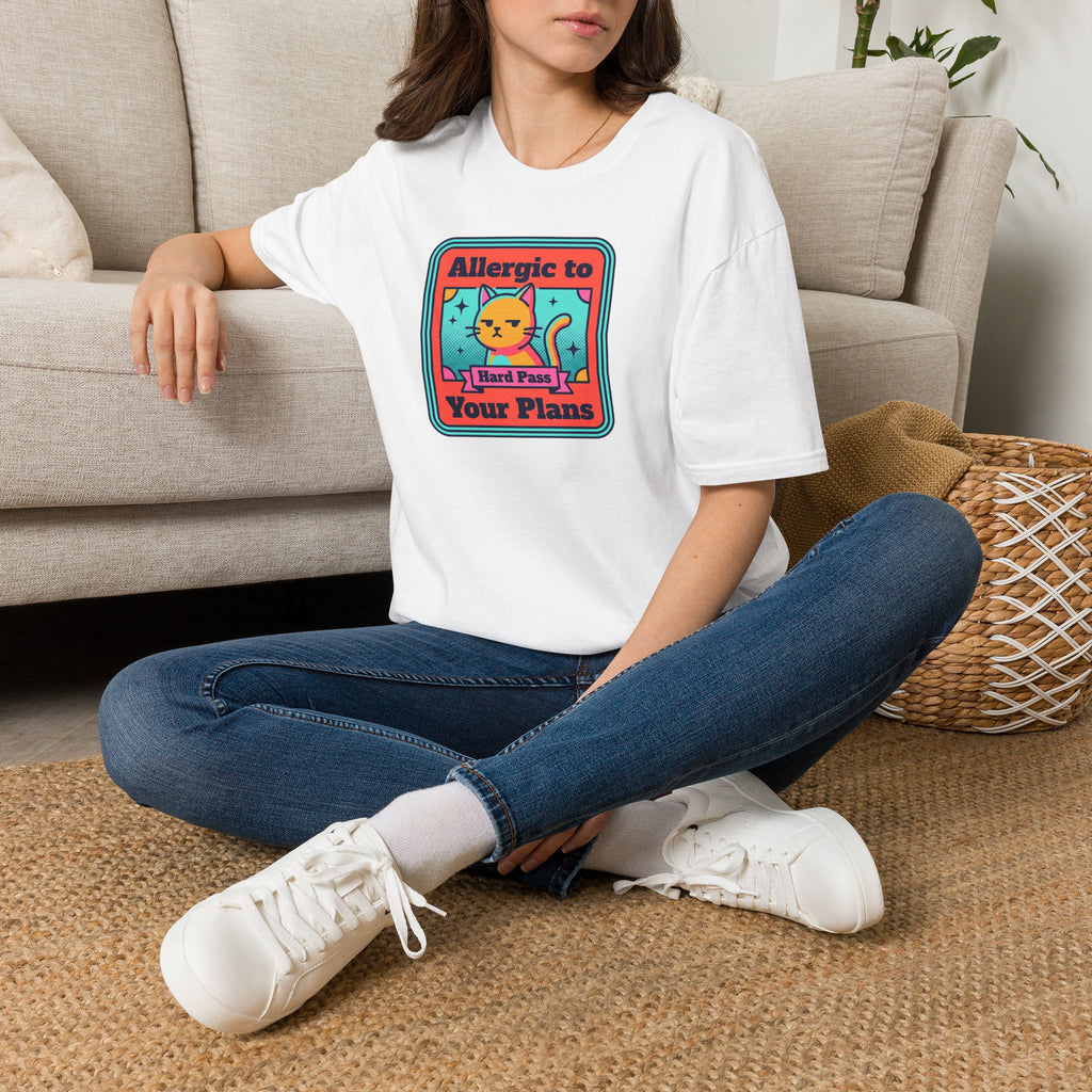 White T-shirt with cat graphic and 'Allergic to Your Plans' text