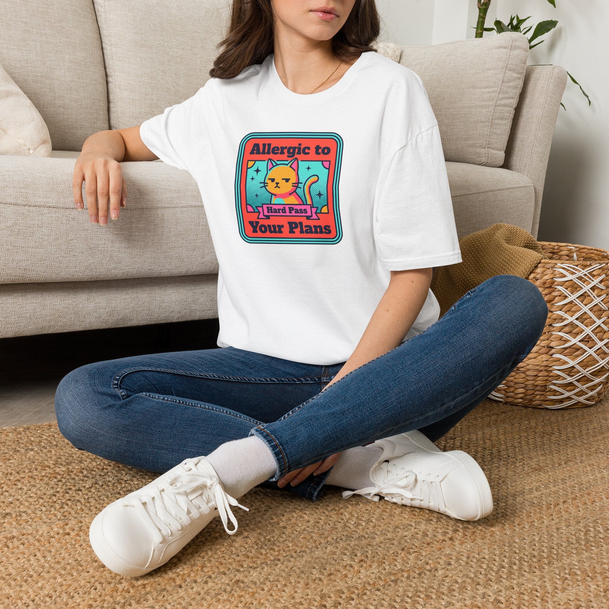 White T-shirt with cat graphic and 'Allergic to Your Plans' text