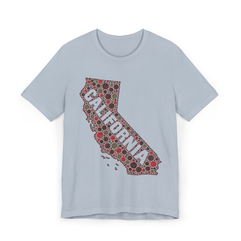 Light blue T-shirt with California map outline graphic in red and white dots
