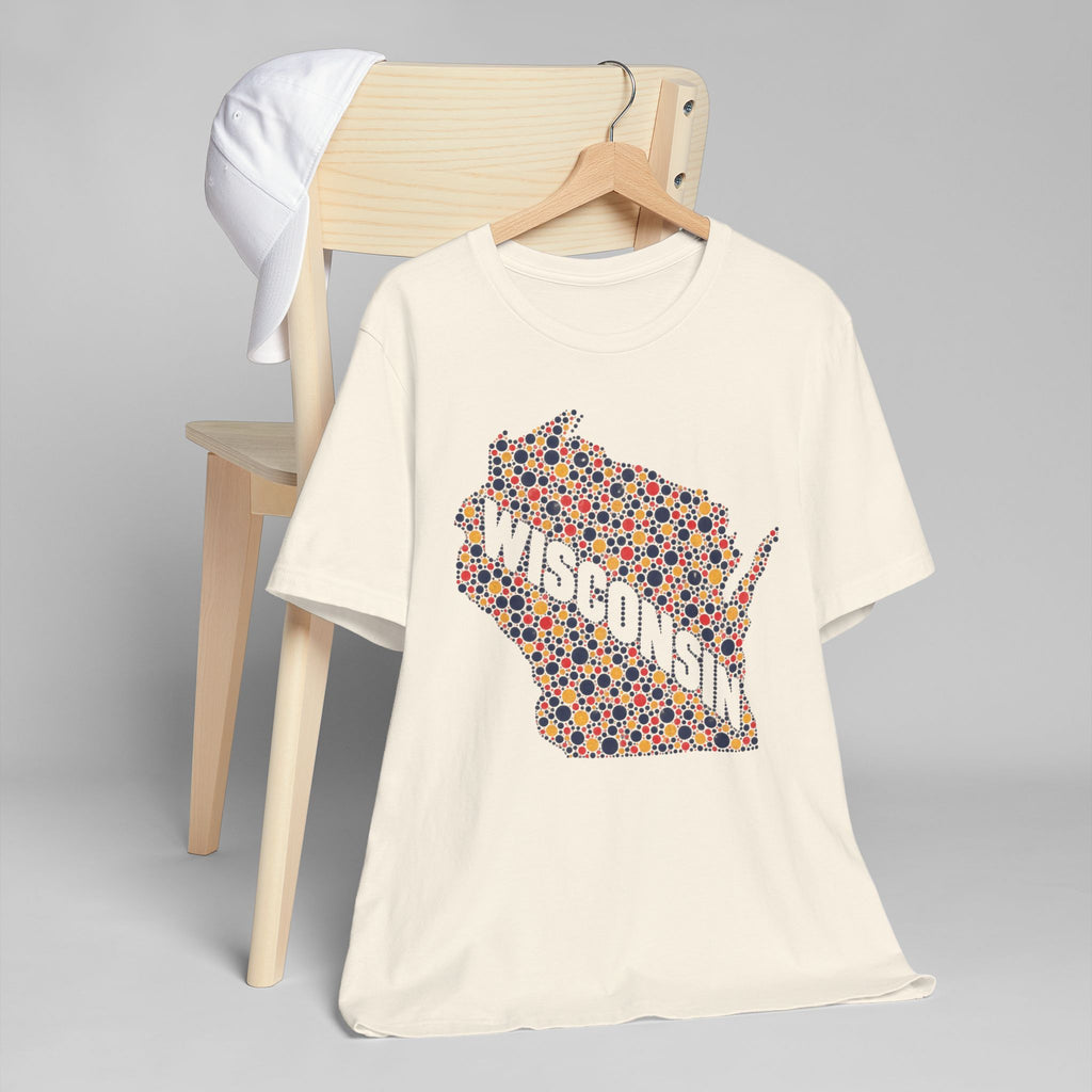 Cream crewneck T-shirt with colorful Wisconsin floral map dot graphic on front