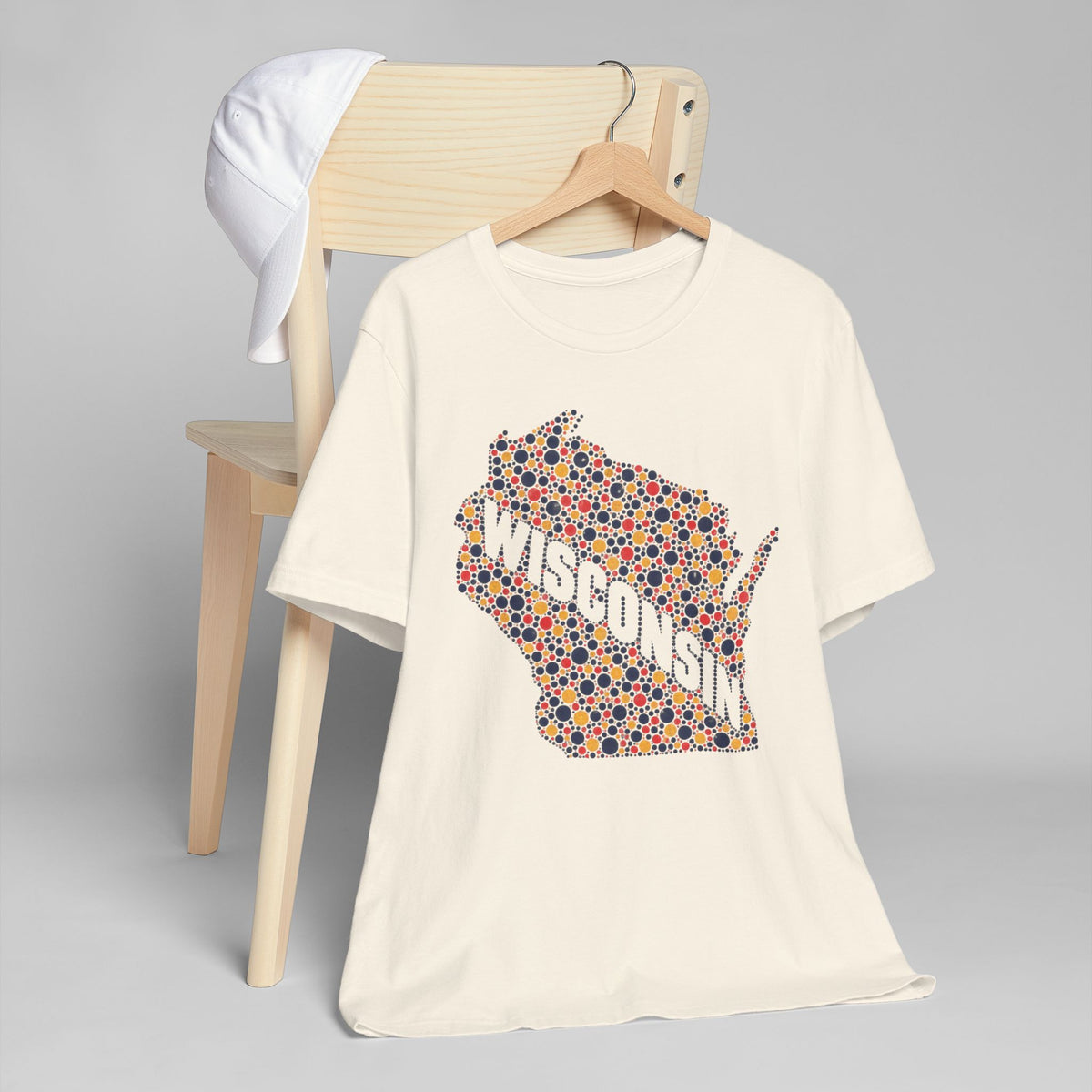 Cream crewneck T-shirt with colorful Wisconsin floral map dot graphic on front