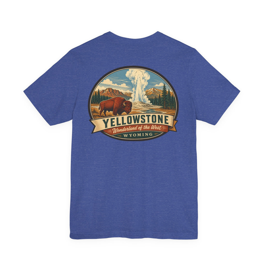 Blue crewneck T-shirt with Yellowstone landscape graphic and Wyoming text