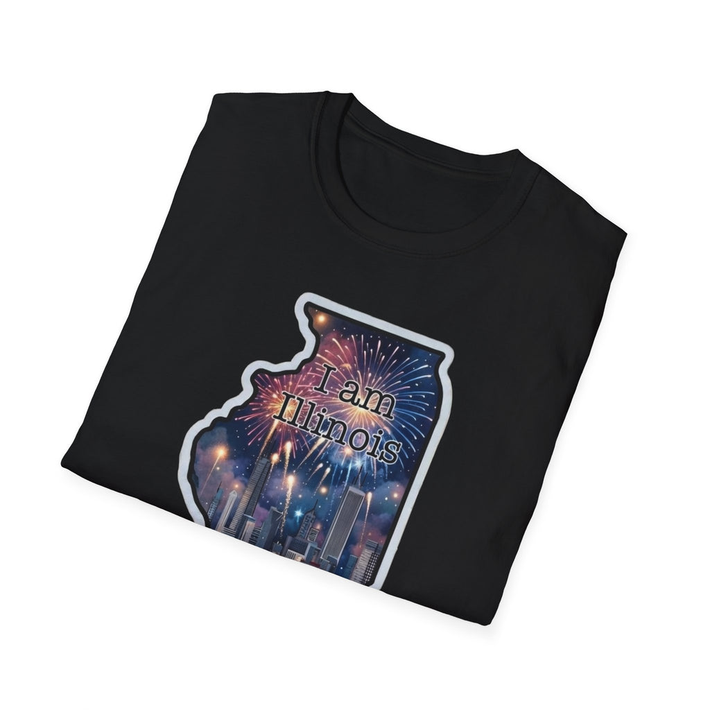 Black Illinois skyline T-shirt with state-shaped fireworks city graphic on front