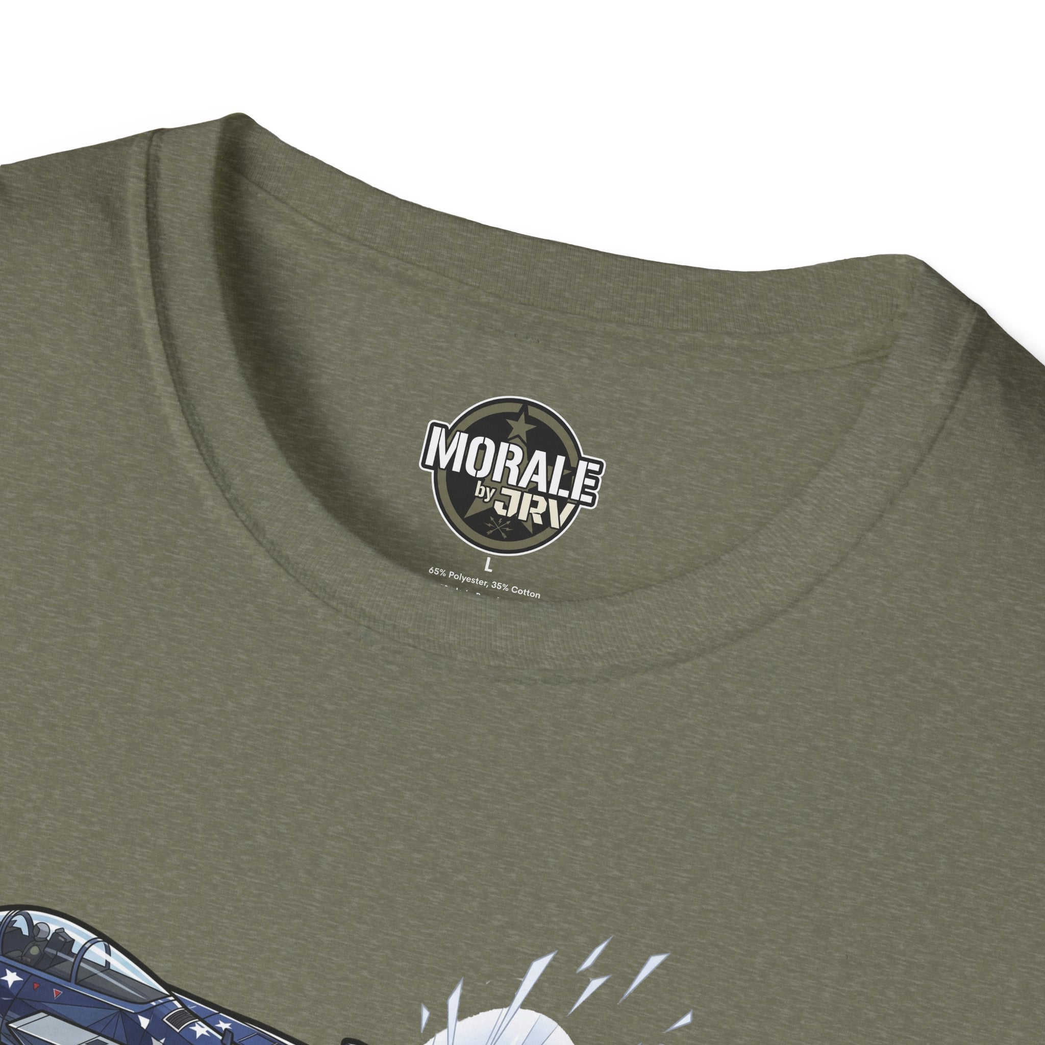 American flag fighter jet T-shirt (military green) close-up of crew neck and brand logo