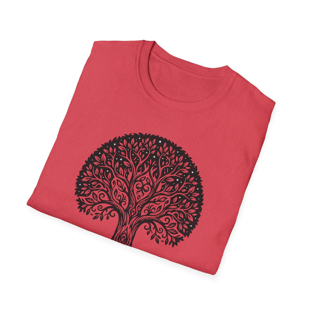 Red t-shirt with black Tree of Life botanical graphic on front