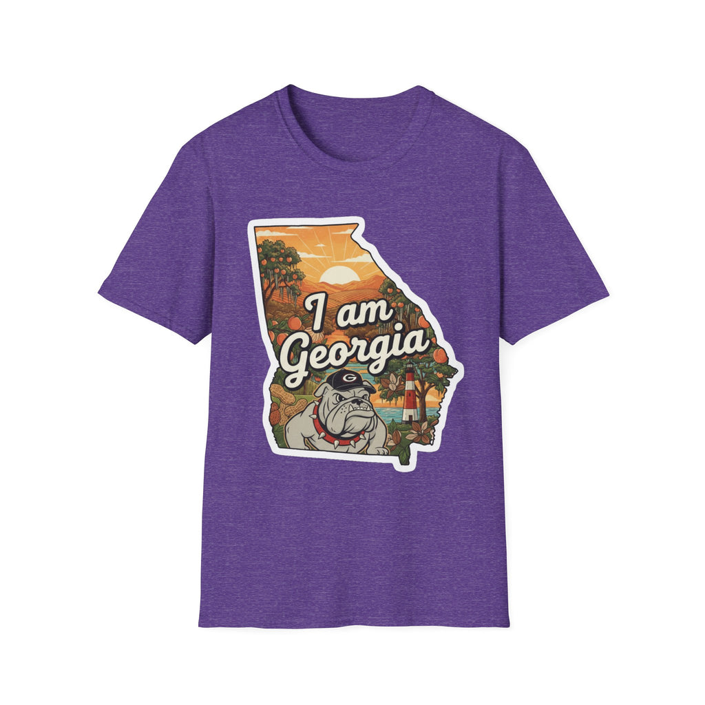 Purple heather T-shirt with Georgia map bulldog graphic and 'I am Georgia' text