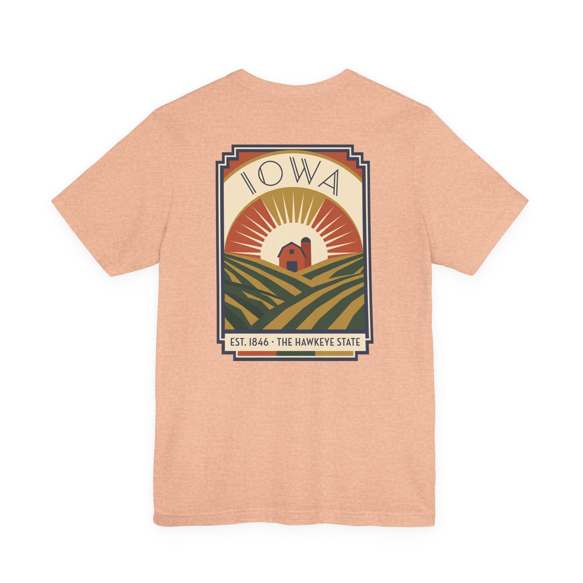 Peach t-shirt with centered IOWA art deco farm scene graphic