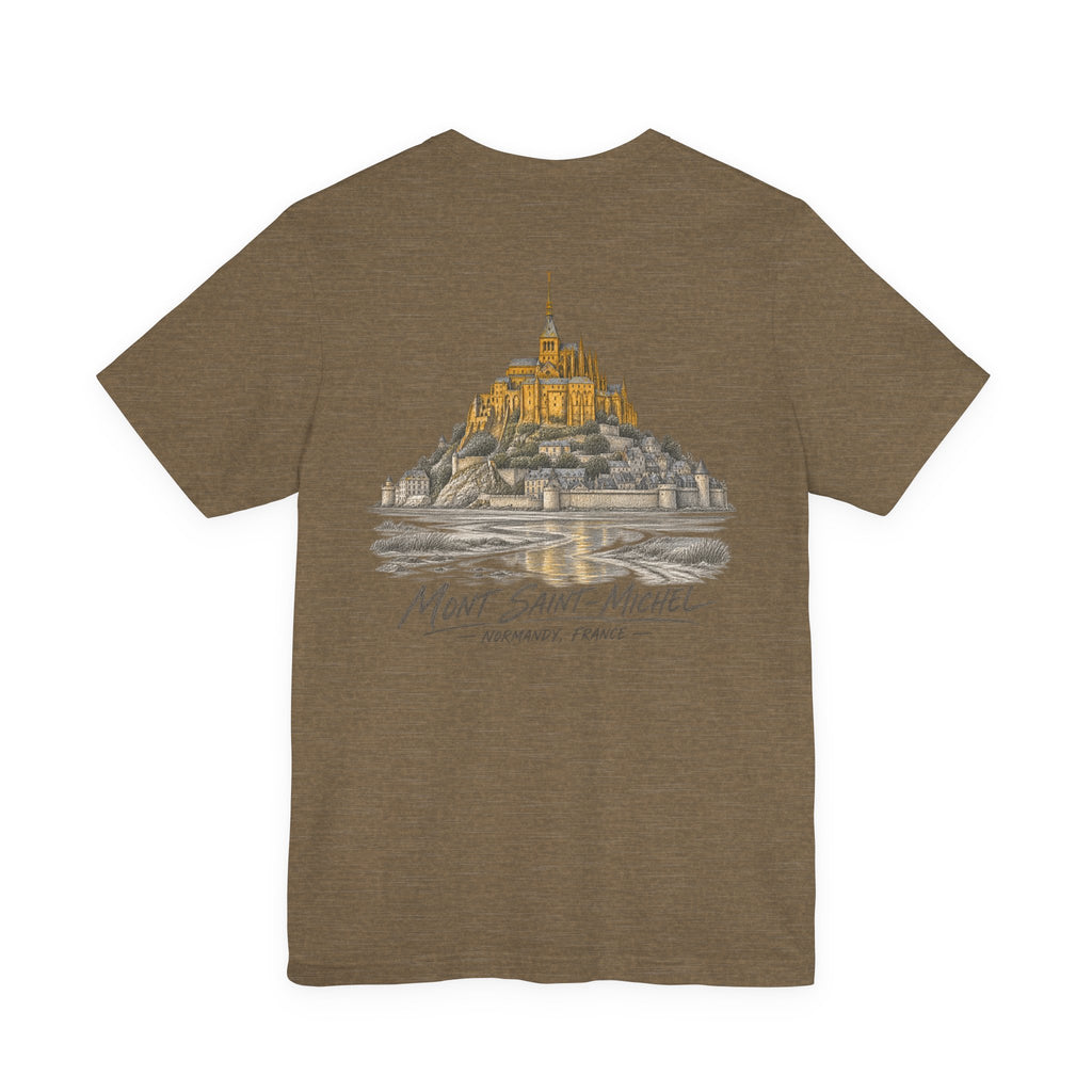 Olive-brown crew-neck T-shirt with large vintage castle stamp graphic on chest