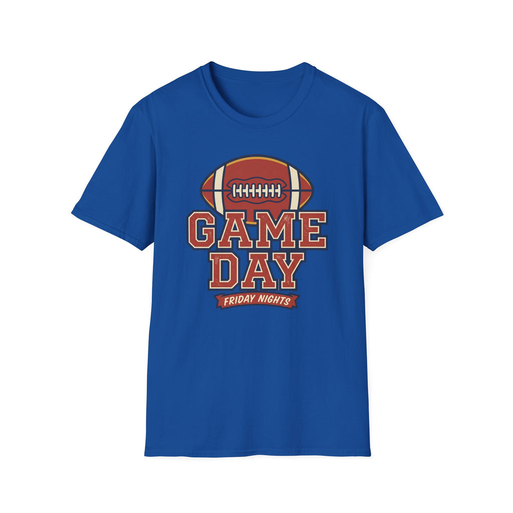 Blue Game Day football T-shirt with football “GAME DAY” and “FRIDAY NIGHTS” text