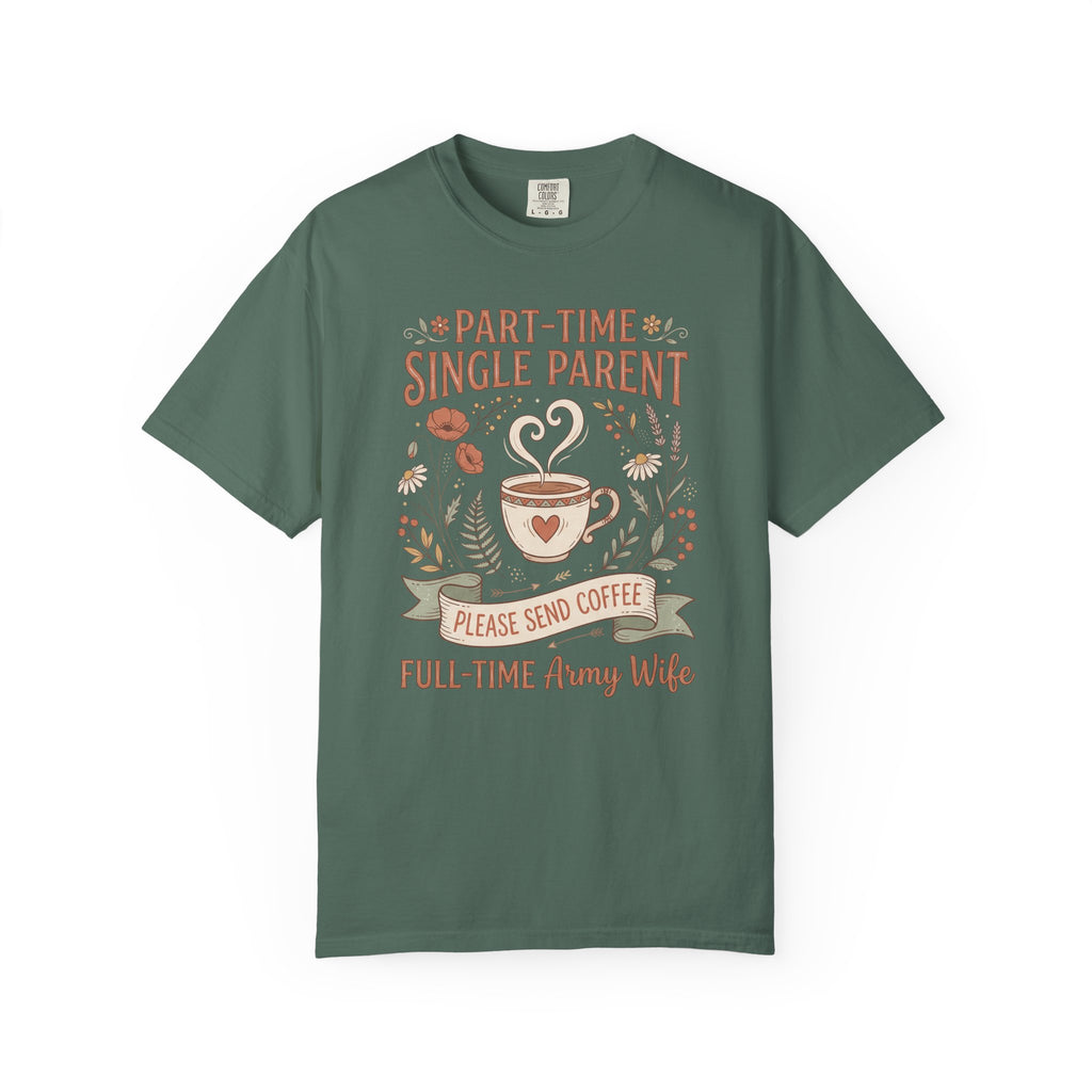 Deep green t-shirt with coffee and floral text graphic, short sleeves
