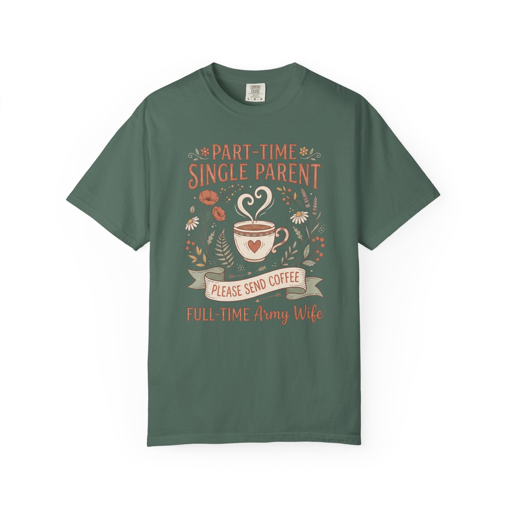 Deep green t-shirt with coffee and floral text graphic, short sleeves