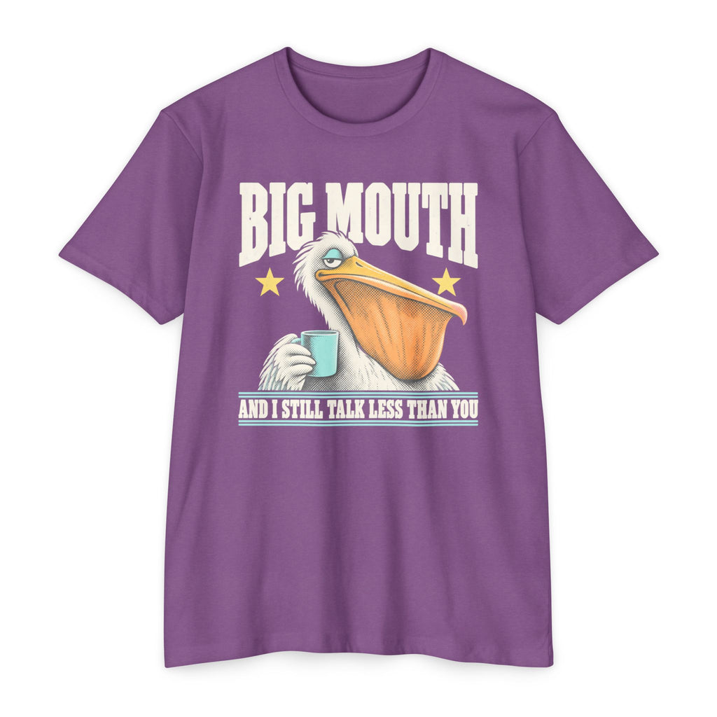 Purple T-shirt with pelican-and-coffee cup graphic and 'BIG MOUTH' text