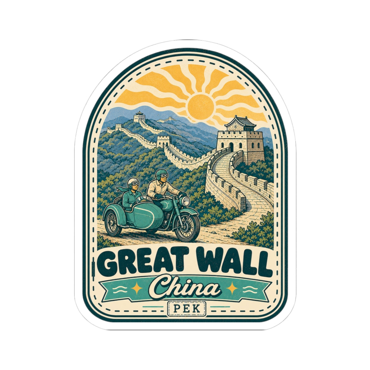 Arch-shaped travel sticker with Great Wall scene, green motorcycle, and text “Great Wall China PEK”