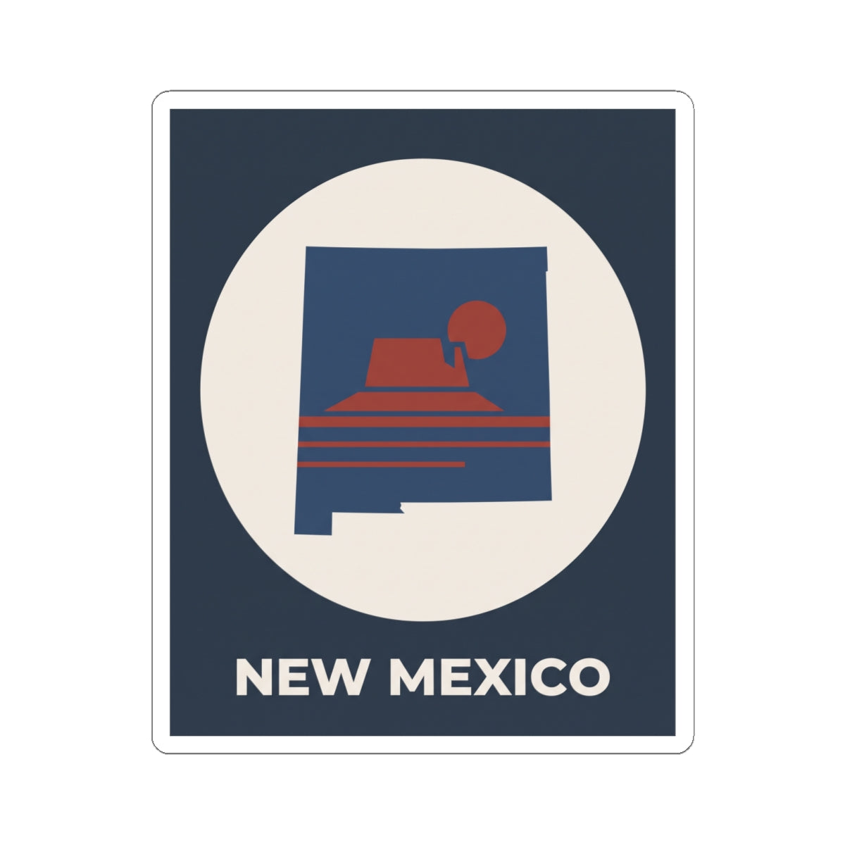 New Mexico sunset kiss-cut sticker with dark blue square, white circular border, “NEW MEXICO” text.