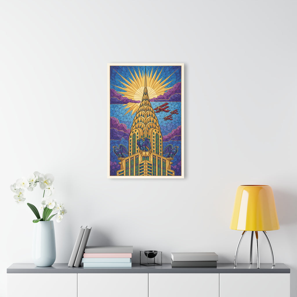 Small framed acrylic print of Chrysler Building in stained-glass style with golden sunburst