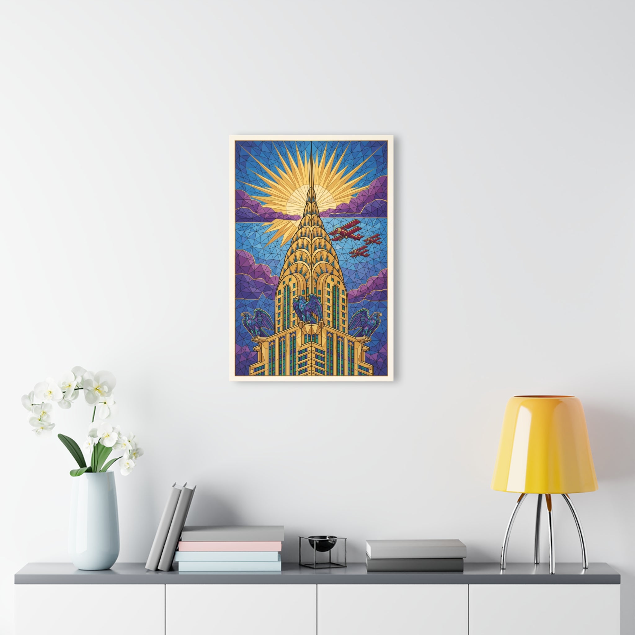 Small framed acrylic print of Chrysler Building in stained-glass style with golden sunburst