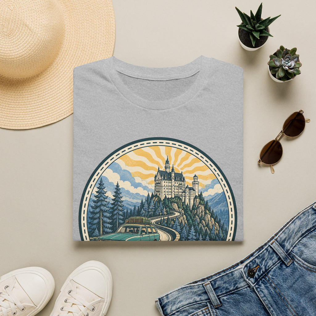 Light gray T-shirt with circular castle landscape illustration graphic