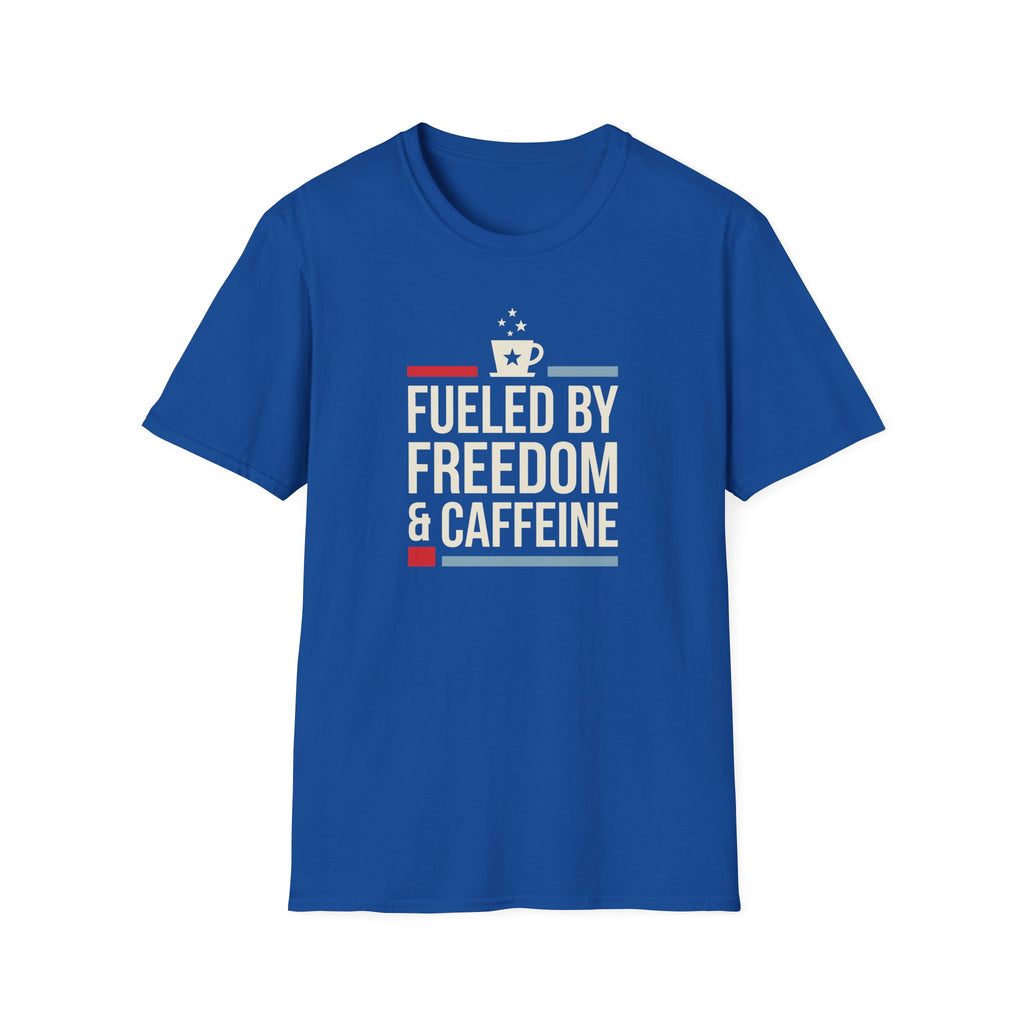 Royal blue crew-neck t-shirt with colorful "Fueled by Freedom & Caffeine" front graphic