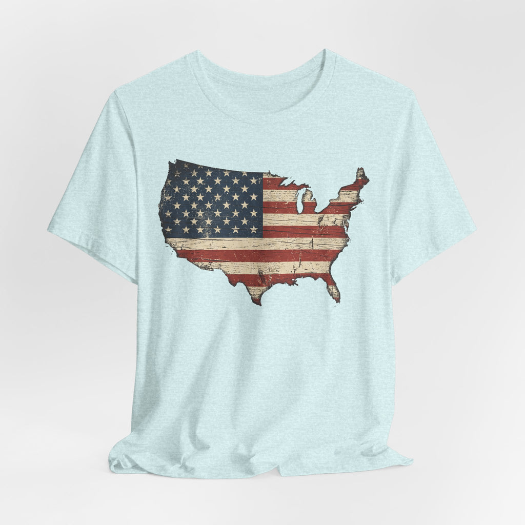 Light aqua American flag USA map T-shirt, front print