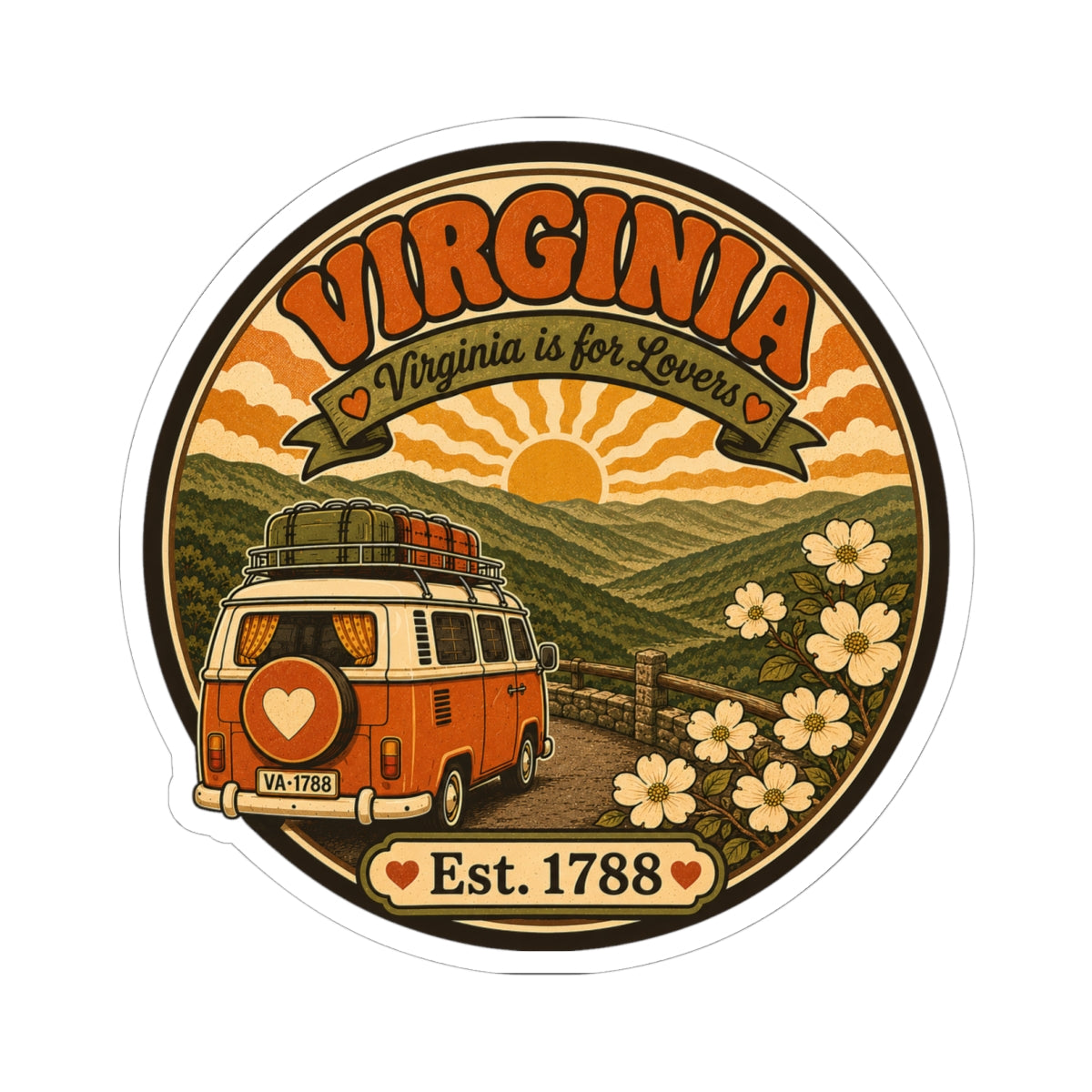 Round decal with orange camper van, blooming flowers, and “Est. 1788” text