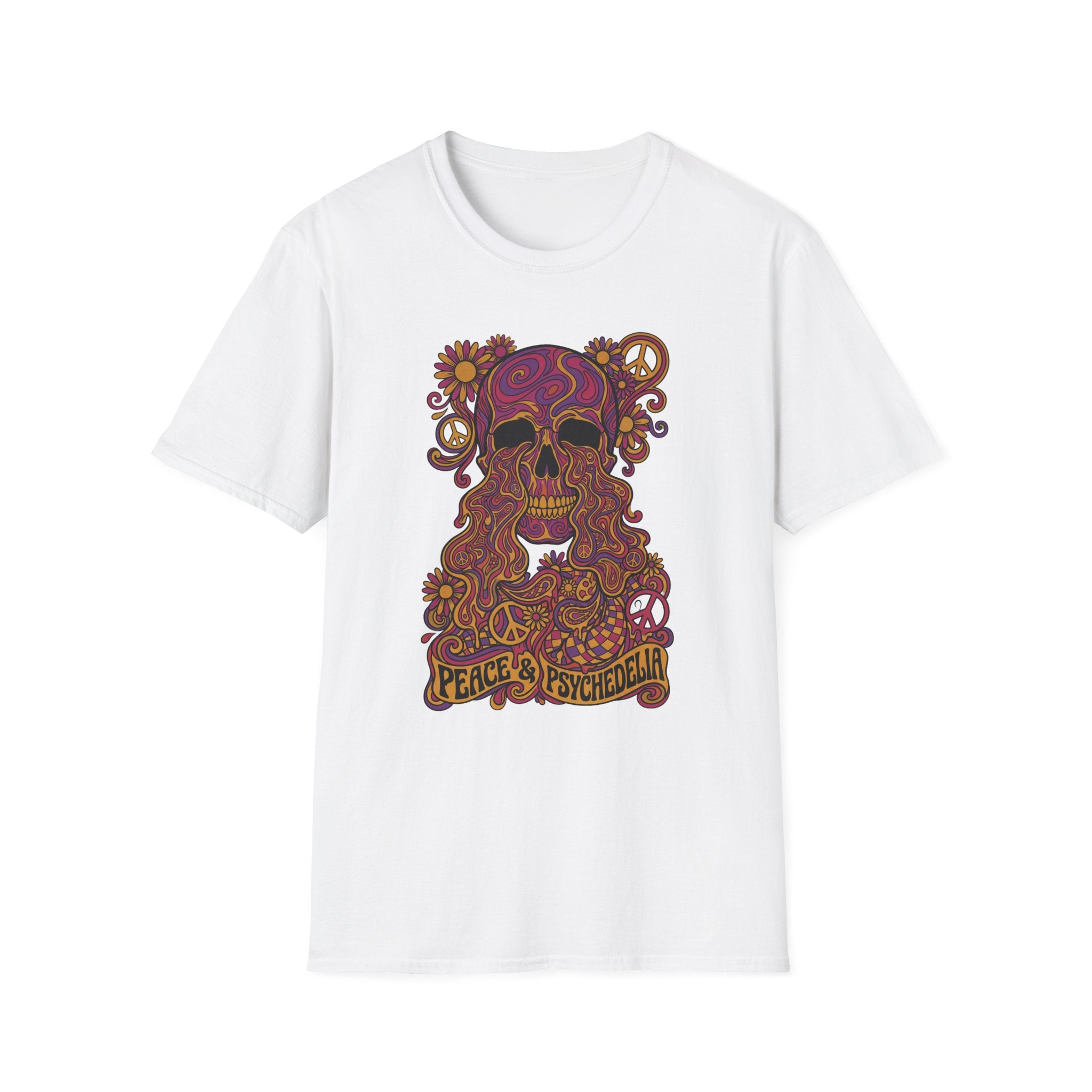 Skull T-shirt in white with colorful floral psychedelic graphic and peace slogan