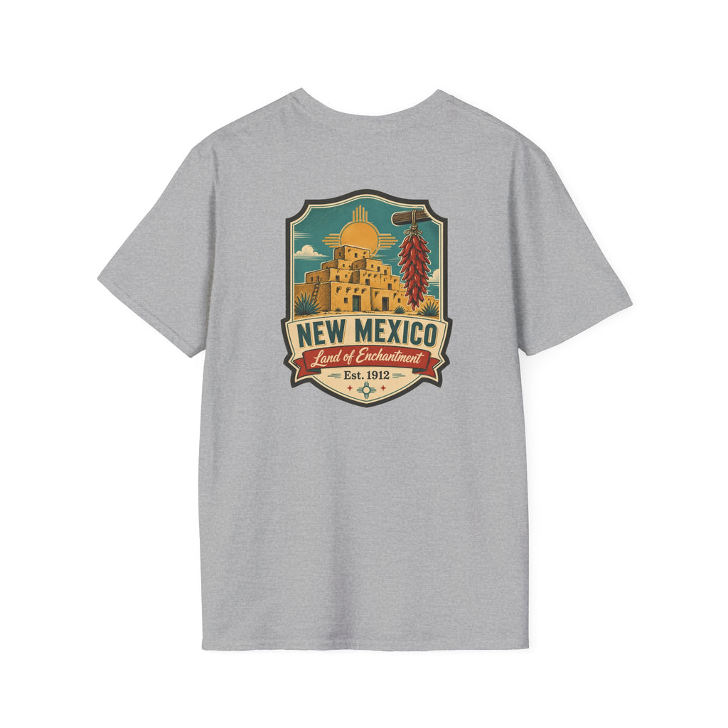 Light gray New Mexico graphic T-shirt with round crest chest print