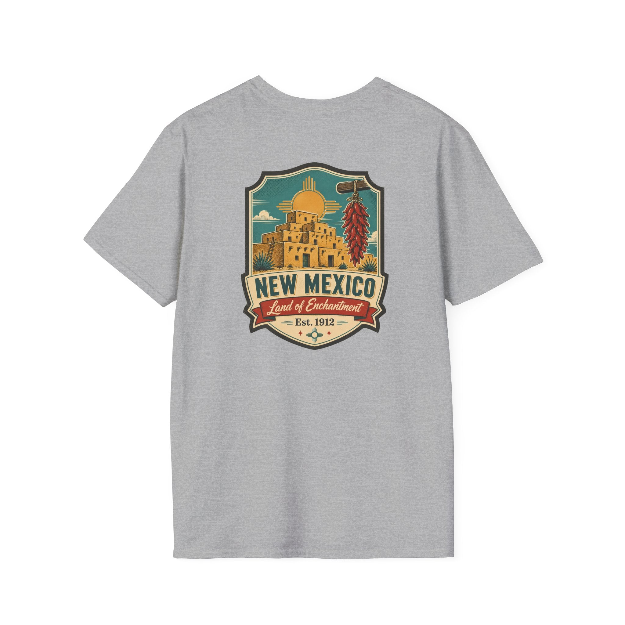 Light gray New Mexico graphic T-shirt with round crest chest print