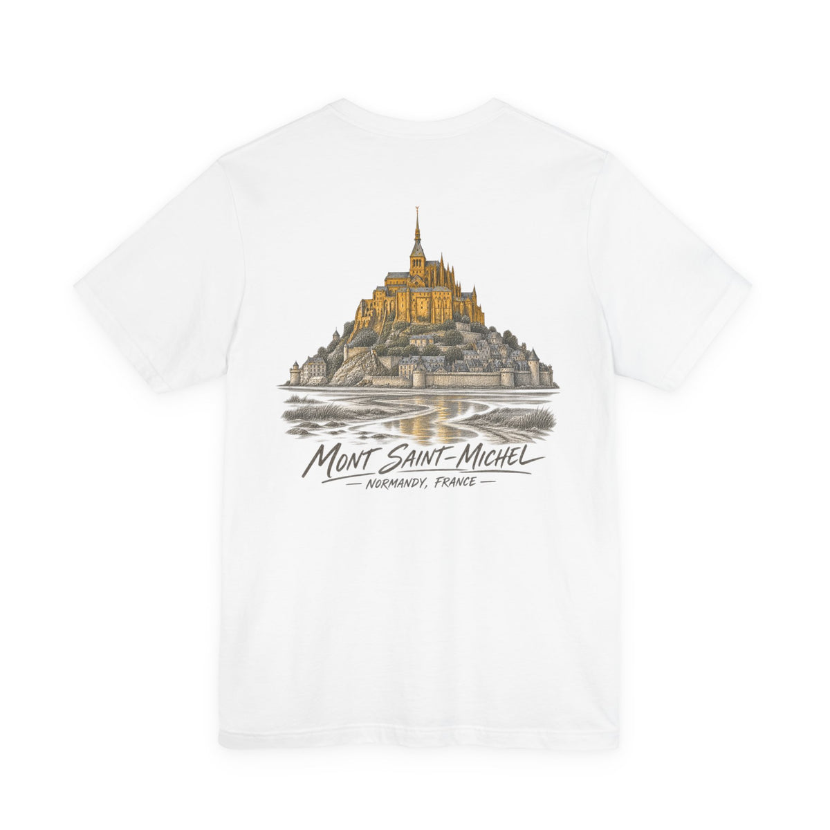 White short-sleeve T-shirt with detailed Mont Saint-Michel illustration and script text print