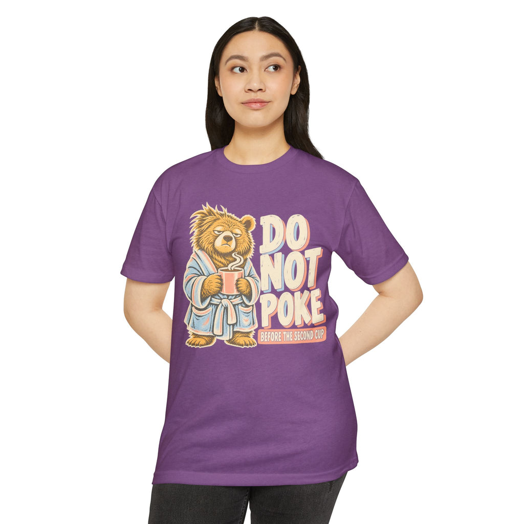 Purple crew-neck T-shirt with grumpy bear coffee graphic and “DO NOT POKE” slogan