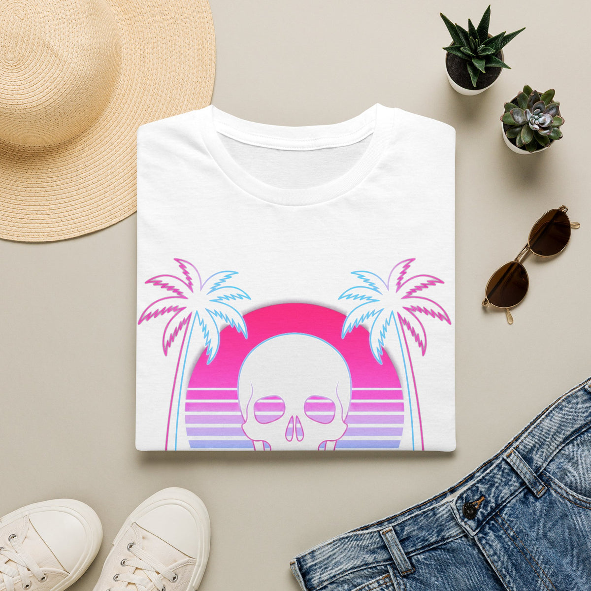 Unisex white T-shirt with neon skull, palm trees, and sunset graphic