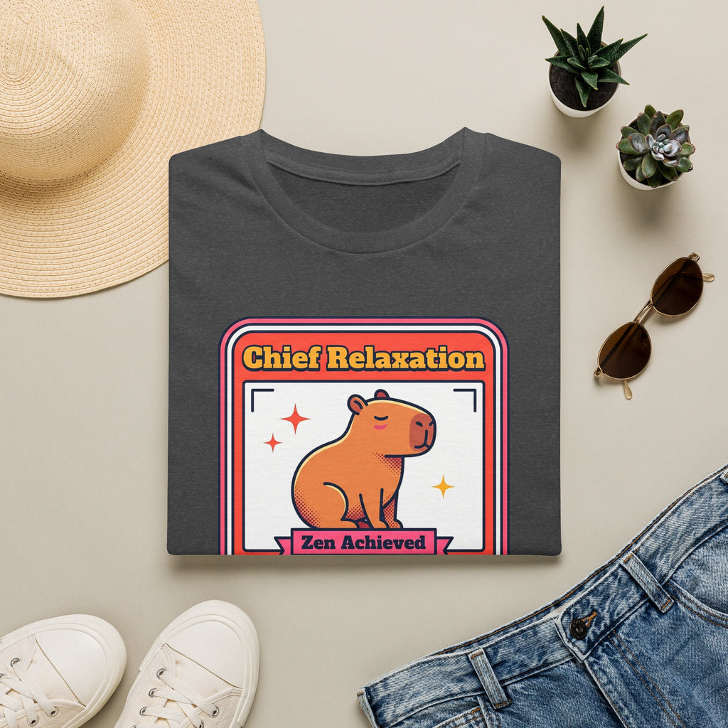 Charcoal gray graphic capybara T-shirt with "Chief Relaxation" and "Zen Achieved" print