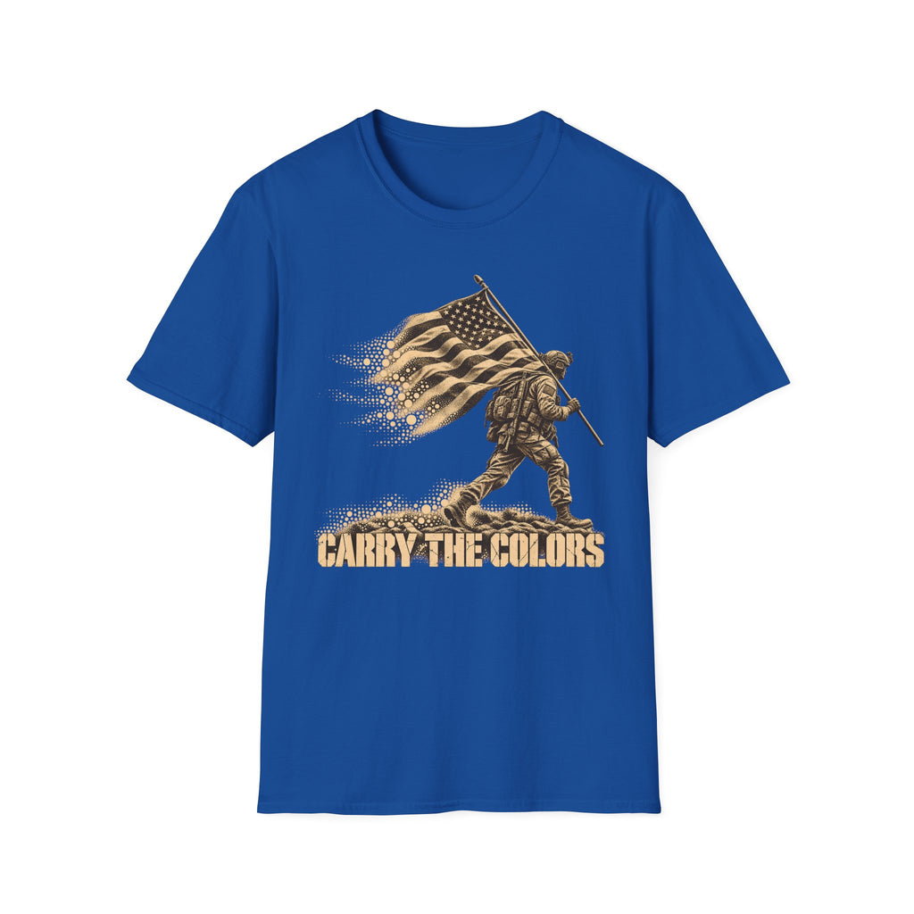 Royal blue t-shirt with gold soldier carrying flag graphic and “CARRY THE COLORS” text