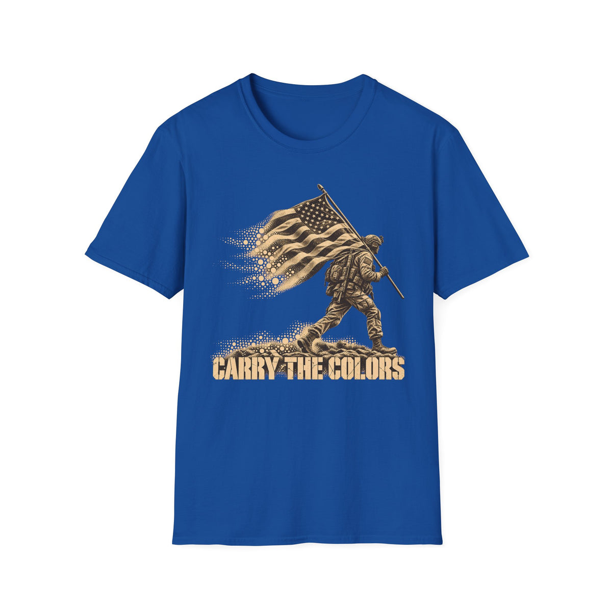 Royal blue t-shirt with gold soldier carrying flag graphic and “CARRY THE COLORS” text