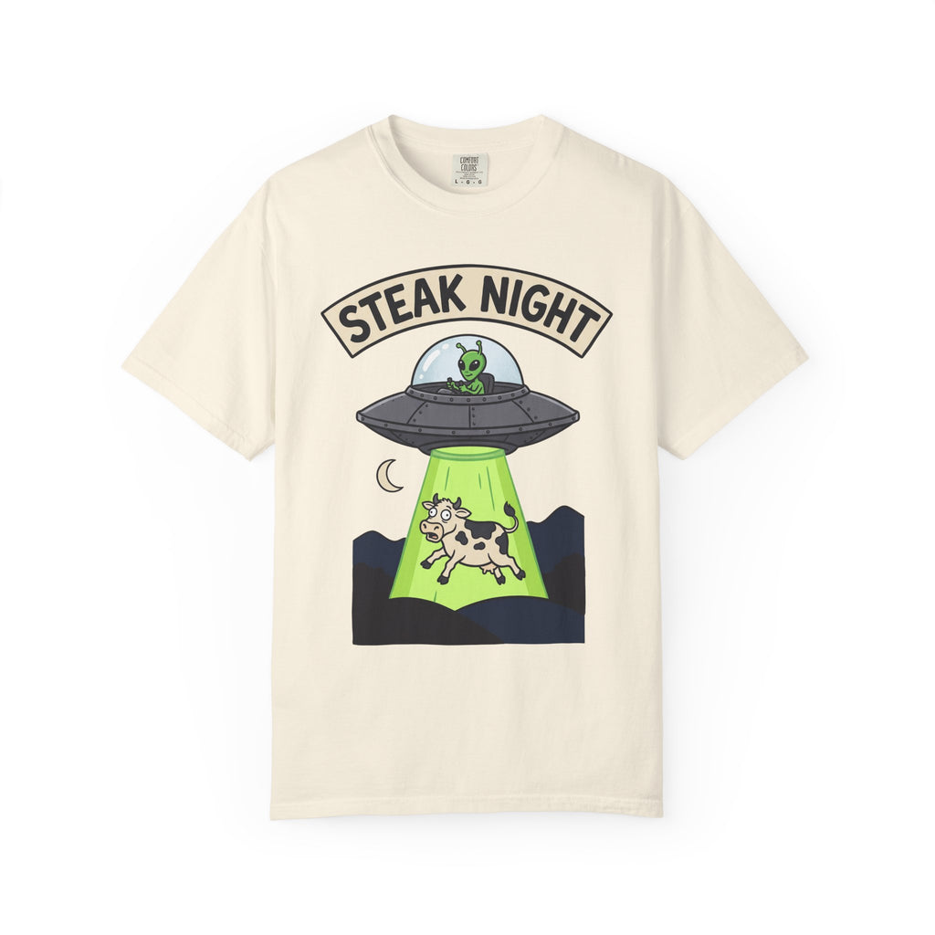Ivory T-shirt with “Steak Night” alien and cow graphic
