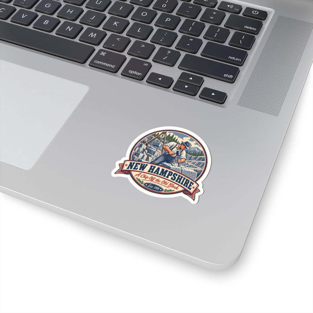 Stonecutter vintage quarry sticker, circular badge with blue quarry scene and orange text