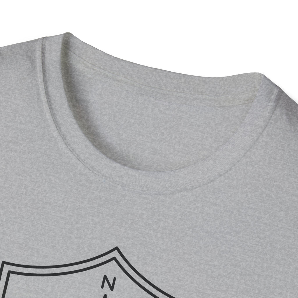 Heather gray compass shield graphic T-shirt, crew neckline with small compass mark near chest