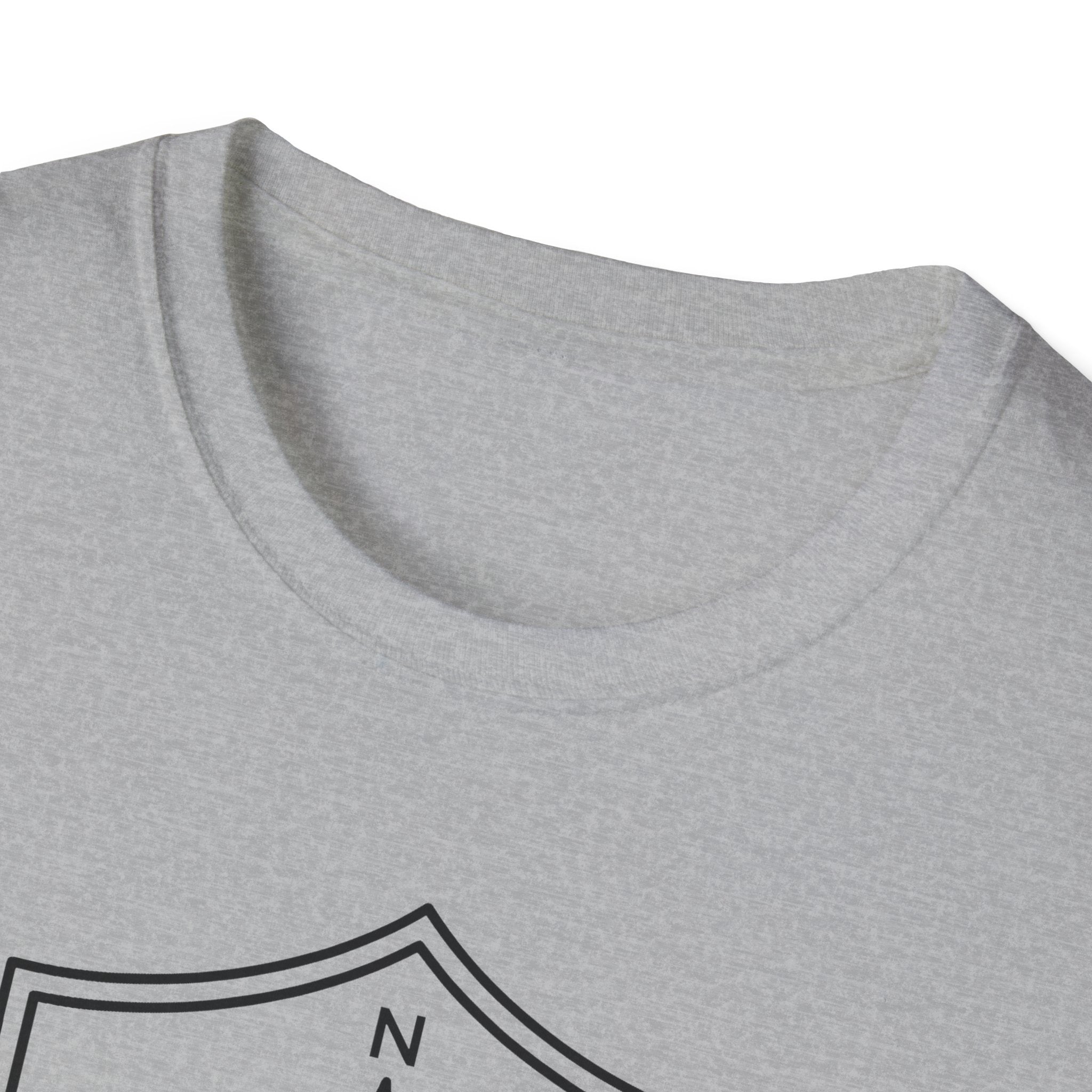 Heather gray compass shield graphic T-shirt, crew neckline with small compass mark near chest