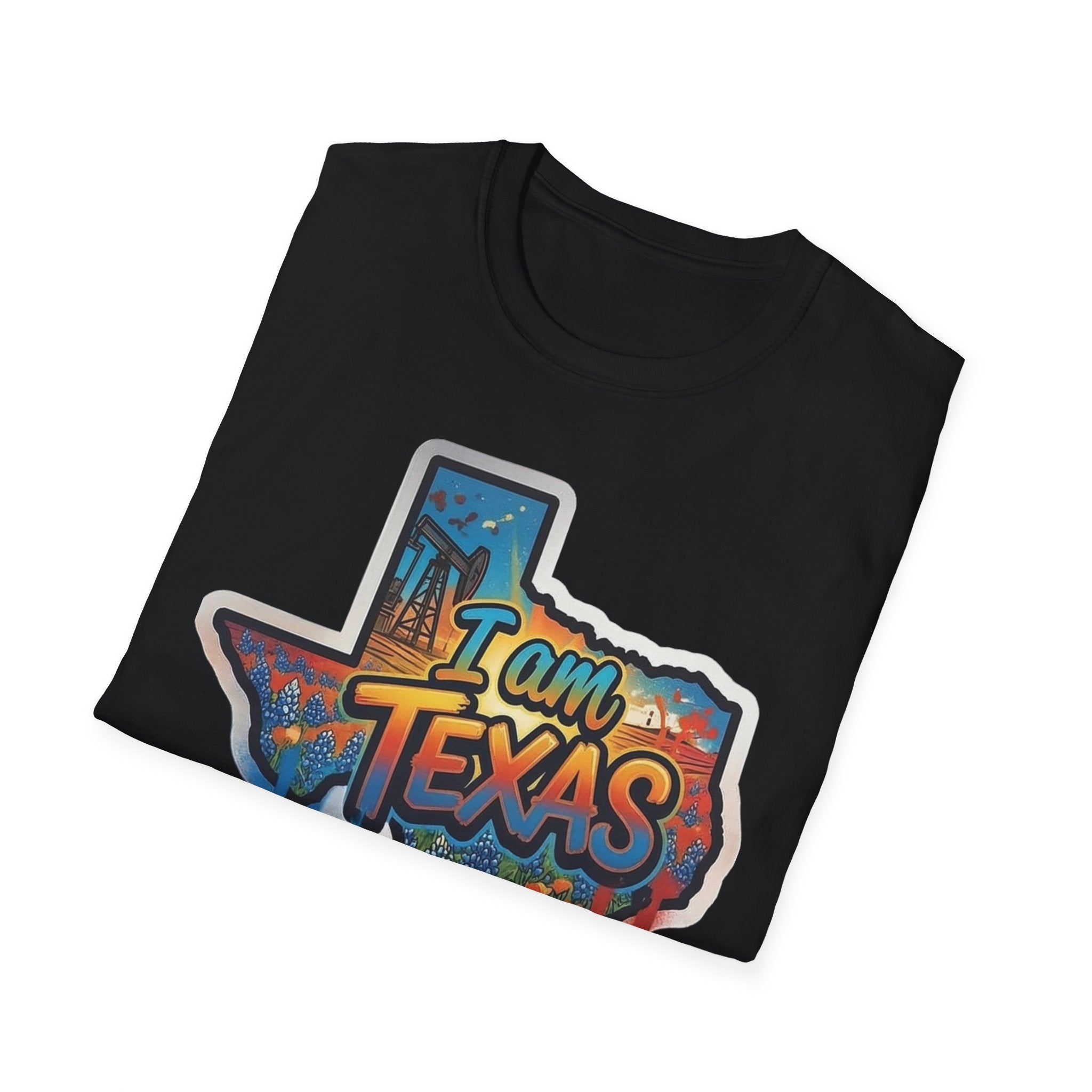 Black T-shirt with colorful Texas state outline graffiti 'I am Texas' graphic