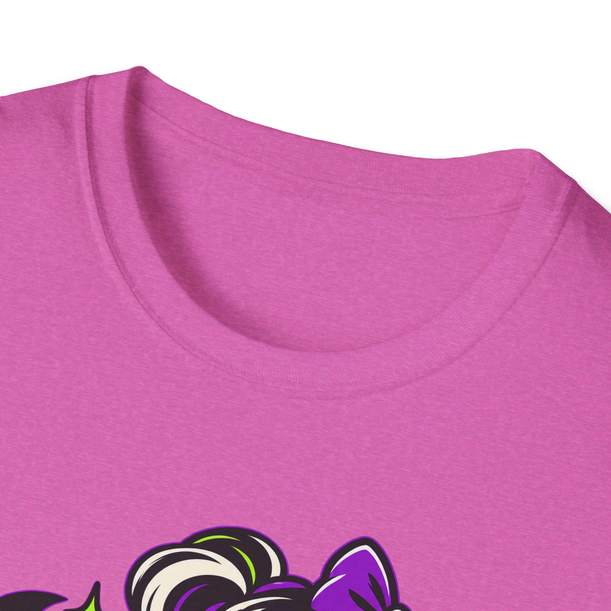 Pink Halloween t-shirt close-up showing neckline and top of monster graphic
