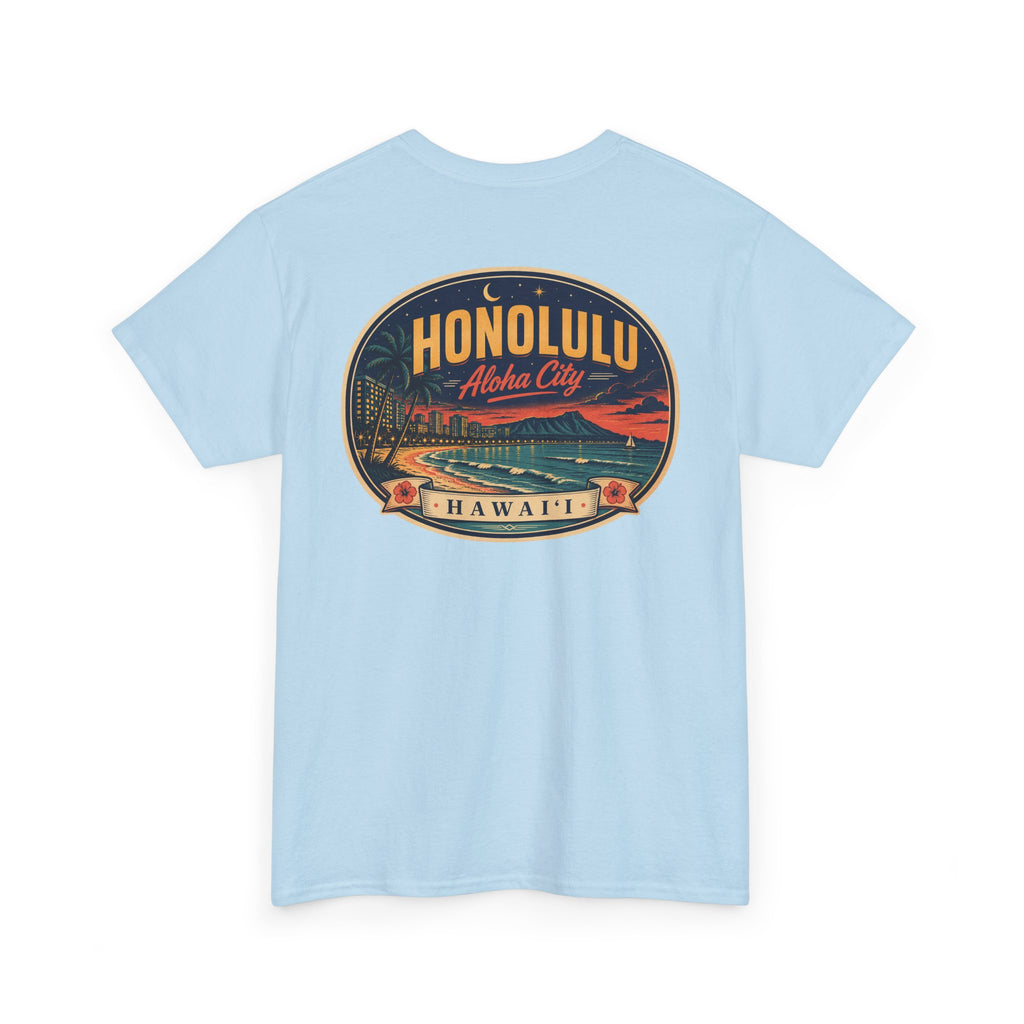 Light blue T-shirt with circular HONOLULU Aloha City graphic on front
