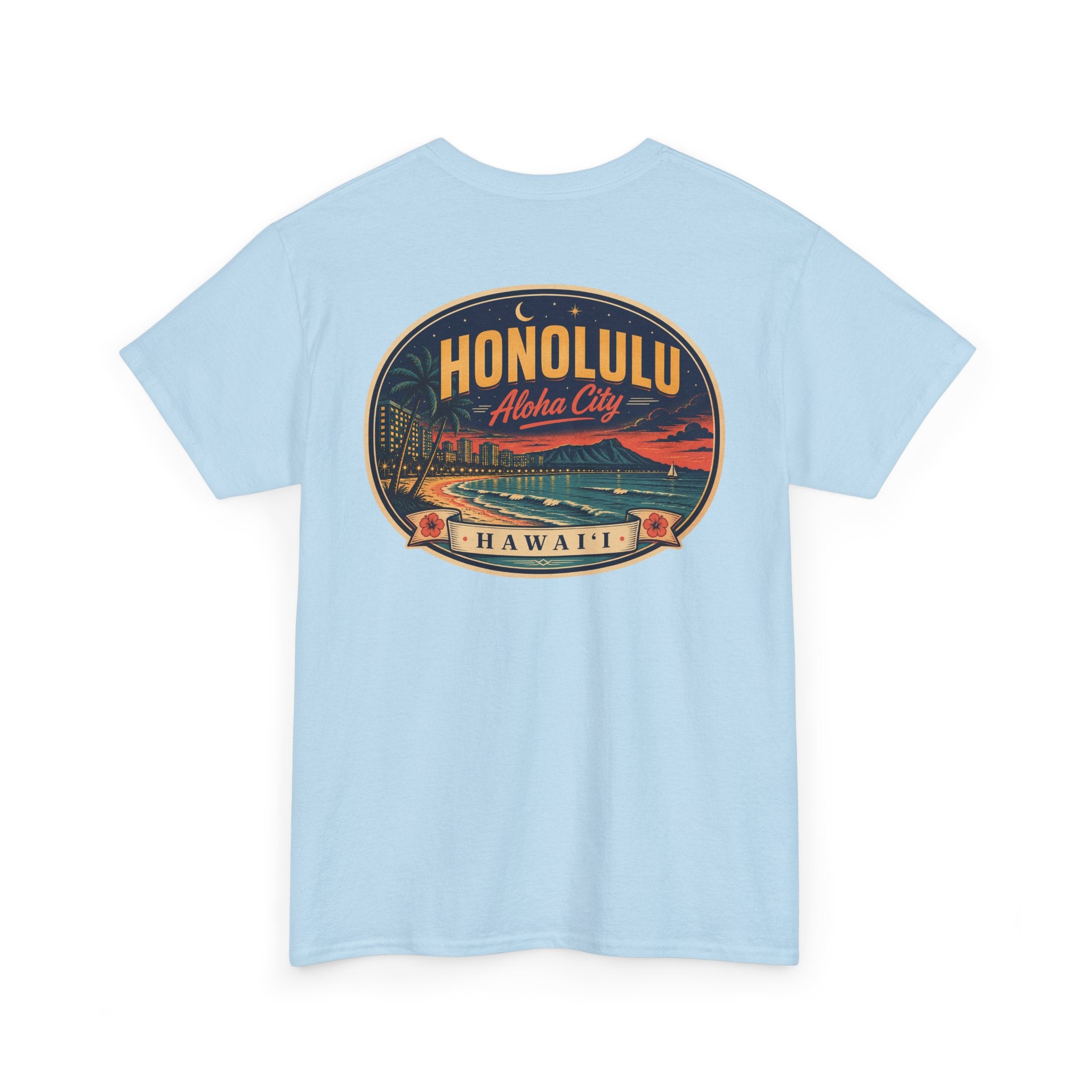 Light blue T-shirt with circular HONOLULU Aloha City graphic on front