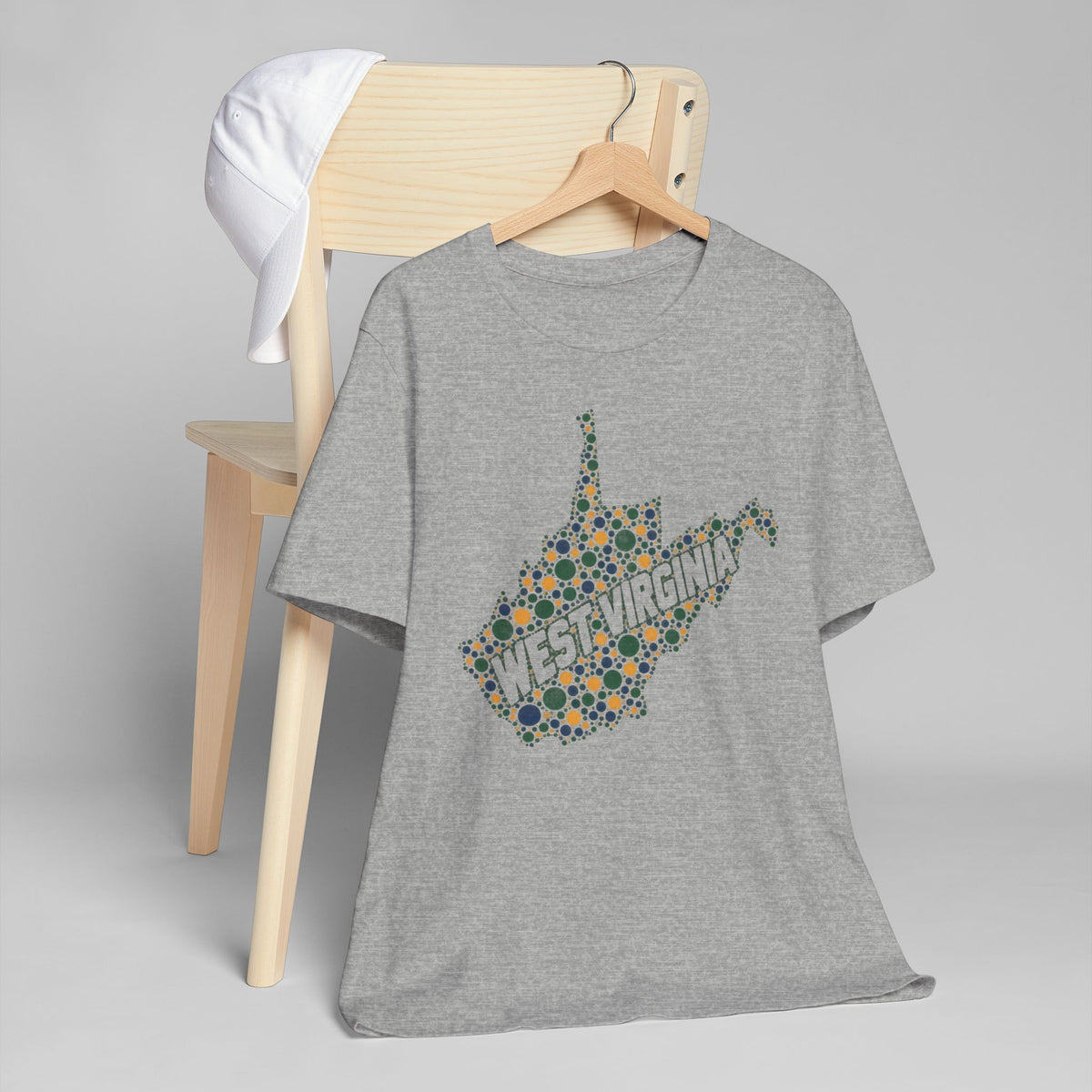 Heather gray T-shirt with dotted West Virginia map graphic and outlined lettering.