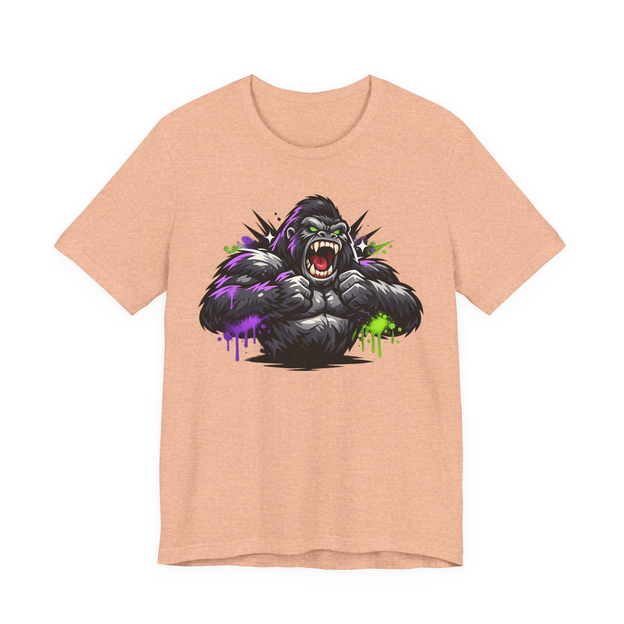 Beige graphic gorilla tee with roaring ape illustration and purple/green neon paint drips