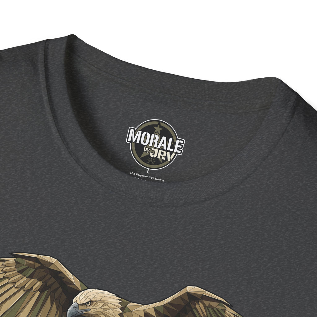 Dark heather T-shirt neckline with brand logo patch on the inside collar