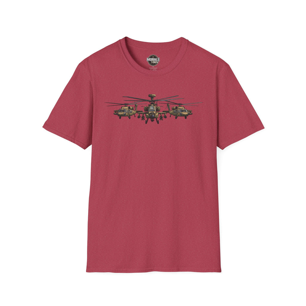 Red T-shirt with Apache helicopter formation graphic across the chest