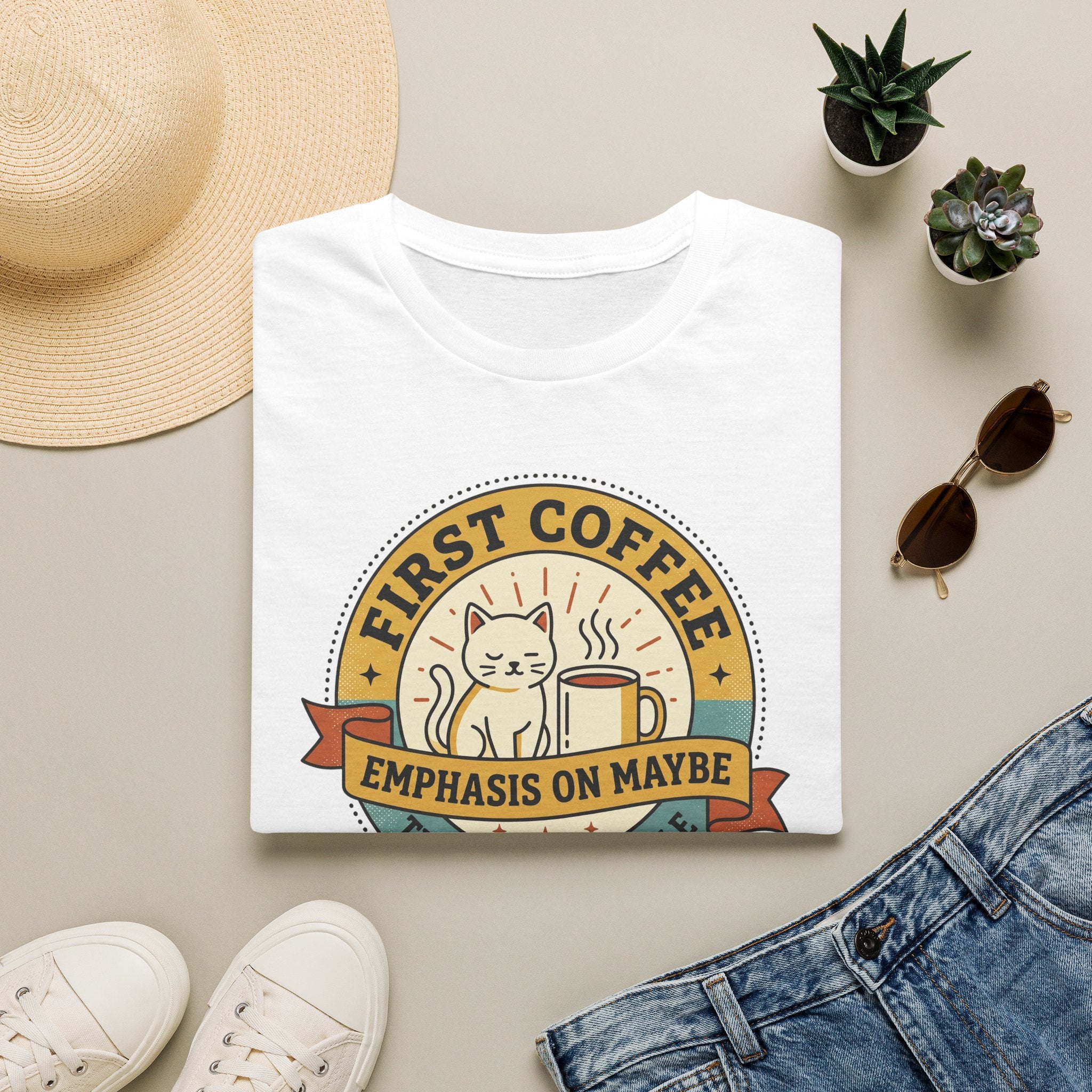 White crew-neck T-shirt with cat holding a coffee mug graphic and text design
